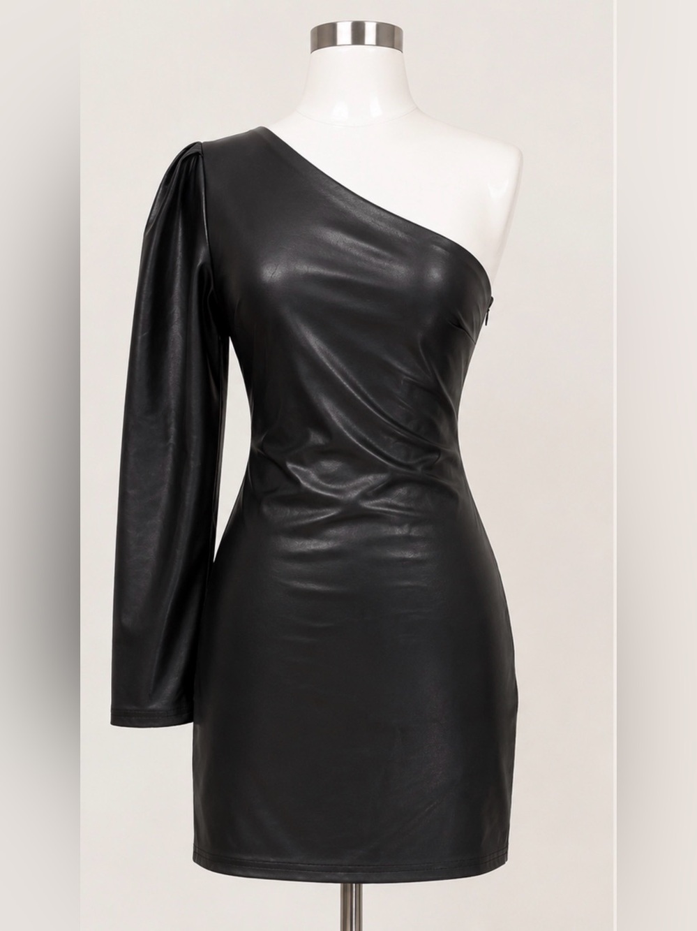 KARLIE Black Faux Leather One Shoulder Long Sleeve Mini Dress Size L.